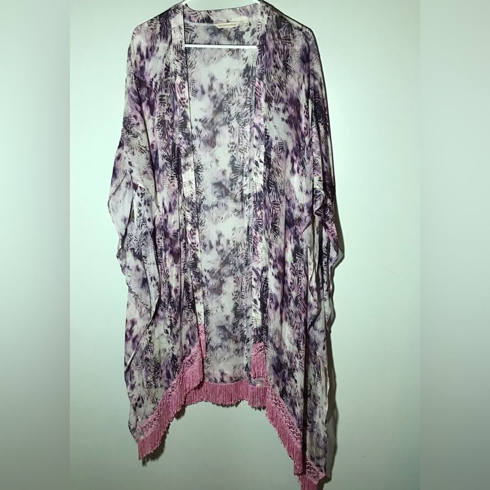 Soft Surroundings 1X fringe kimono abstract floral boho purple pink coverup